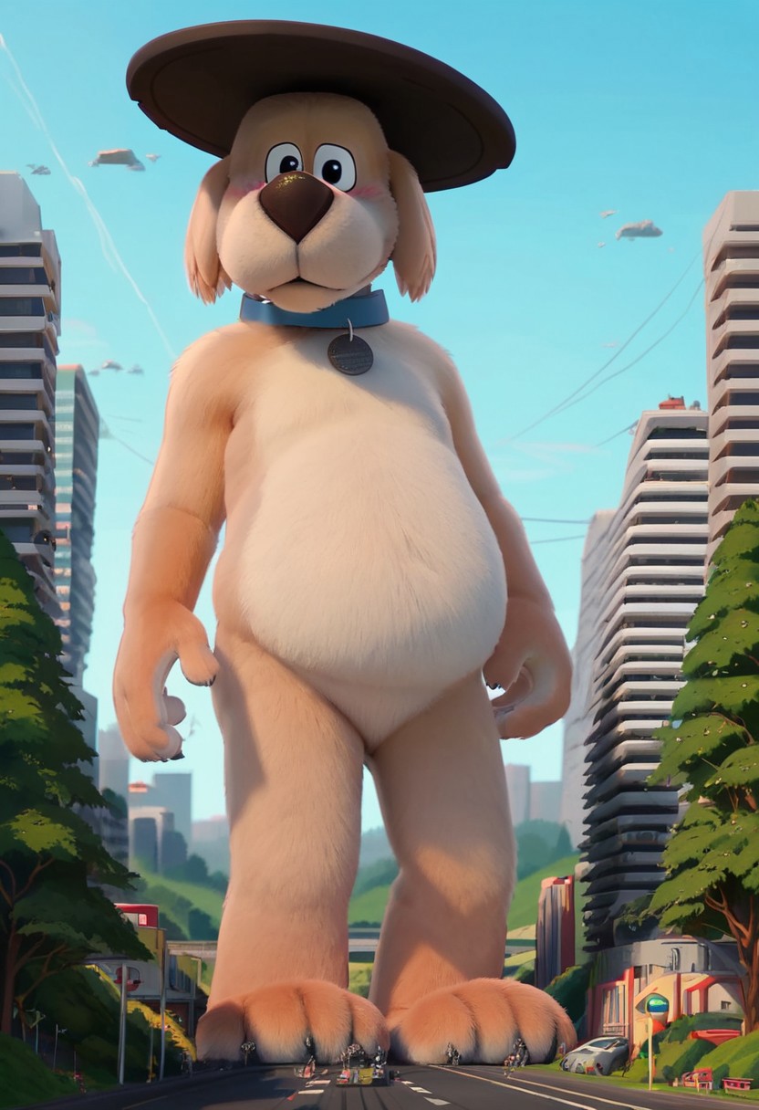 score_9, score_8_up, score_7_up, score_6_up, solo focus, 1male, larger body, (Manhole Dog, Go Dog Go), blue collar, (beige fur, beige belly)), manhole shaped tag, manhole cover on his head, tail, ((anthro, anthro dog, dog body)), (black eyes), Perfect paws, 1male, (source_furry), full body, solo, anthro, detailed fur, slightly chubby, detailed eyes, massive butt, low angle view, ((macro)), ((giantess)), outdoors, ((sunshine)), ((sunny day)), ((bright light)), in the city, (shrunken city :1.3), (shrunken cityscape:1.2), micro cityscape, full detailed city, destruction, mass destruction, full body, perfect face, focus on furry, shy face, blushing, (sexy perfect face), looking at viewer, sexy, highly detailed, Expressiveh, perfect eyes, barefeet, big feet, landscape, masturbation, orgasm face, blue sky, daytime,