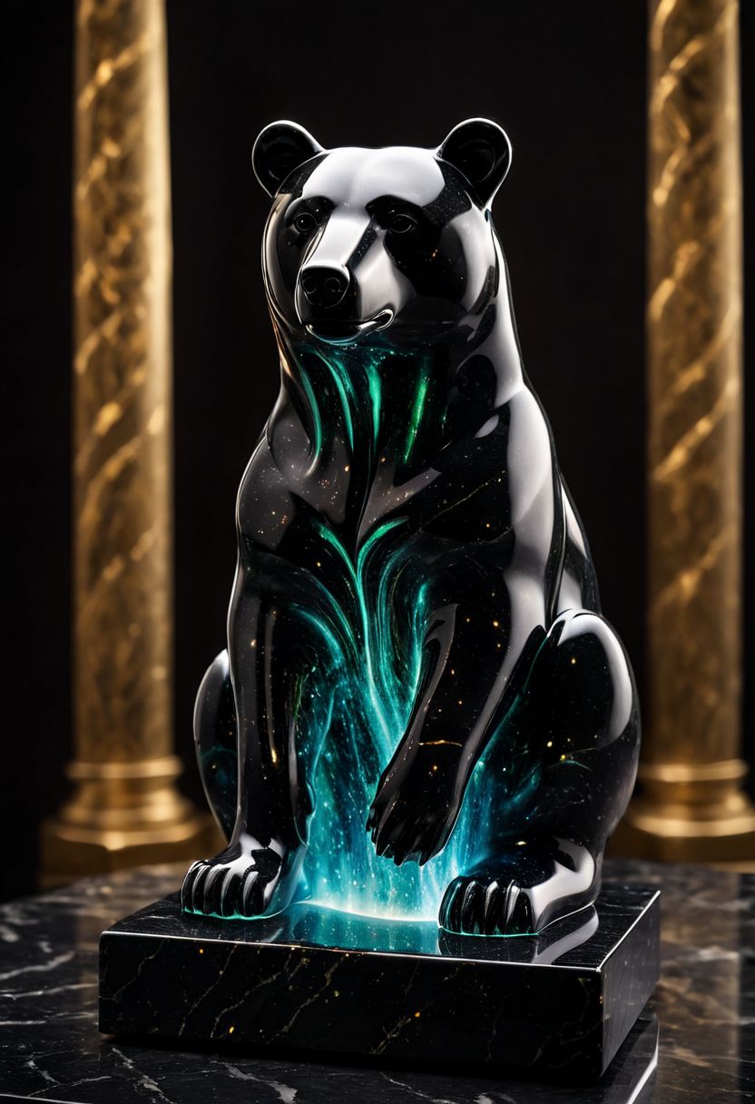 Fujifilm XT3, Sony A7 IV, (award winning photography) a (black: 0.79) marble simple (stylized: 1.49) (bear) statue made of opal (Kintsugi: 0.89) set on a pedestal in temple, glistening. in the background beautiful pillars, divine (iridescent: 0.79), opalescent textures, volumetric light, ethereal, sparkling, studio photo, highly detailed, sharp focus (highest quality: 1.39) (highest coherency: 1.39) (award winning photography), highly detailed photography, (muted colors, cinematic, dim colors, soothing tones:1.2), vibrant, insanely detailed, hyperdetailed, (dark shot:1.2), (vsco:0.3), (intricate details:0.9), (hdr, hyperdetailed:1.2) (vignette), sss, raw photo, fijifilm, kodak, cinematic film grain, mesopotamian, babylonian