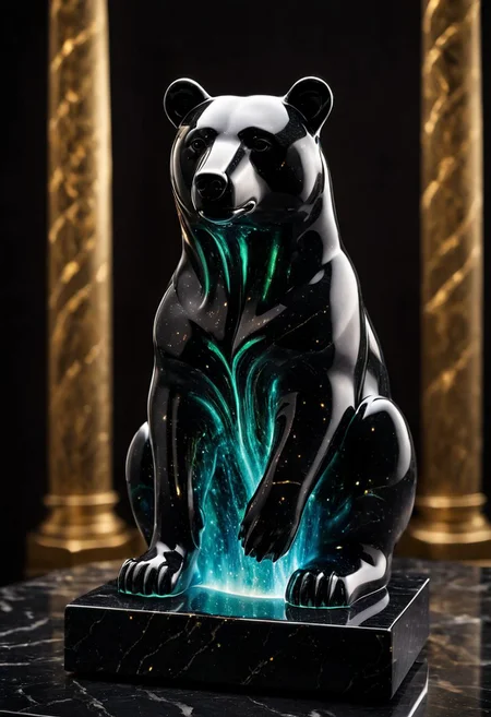 Fujifilm XT3, Sony A7 IV, (award winning photography) a (black: 0.79) marble simple (stylized: 1.49) (bear) statue made of opal (Kintsugi: 0.89) set on a pedestal in temple, glistening. in the background beautiful pillars, divine (iridescent: 0.79), opalescent textures, volumetric light, ethereal, sparkling, studio photo, highly detailed, sharp focus (highest quality: 1.39) (highest coherency: 1.39) (award winning photography), highly detailed photography, (muted colors, cinematic, dim colors, soothing tones:1.2), vibrant, insanely detailed, hyperdetailed, (dark shot:1.2), (vsco:0.3), (intricate details:0.9), (hdr, hyperdetailed:1.2) (vignette), sss, raw photo, fijifilm, kodak, cinematic film grain, mesopotamian, babylonian