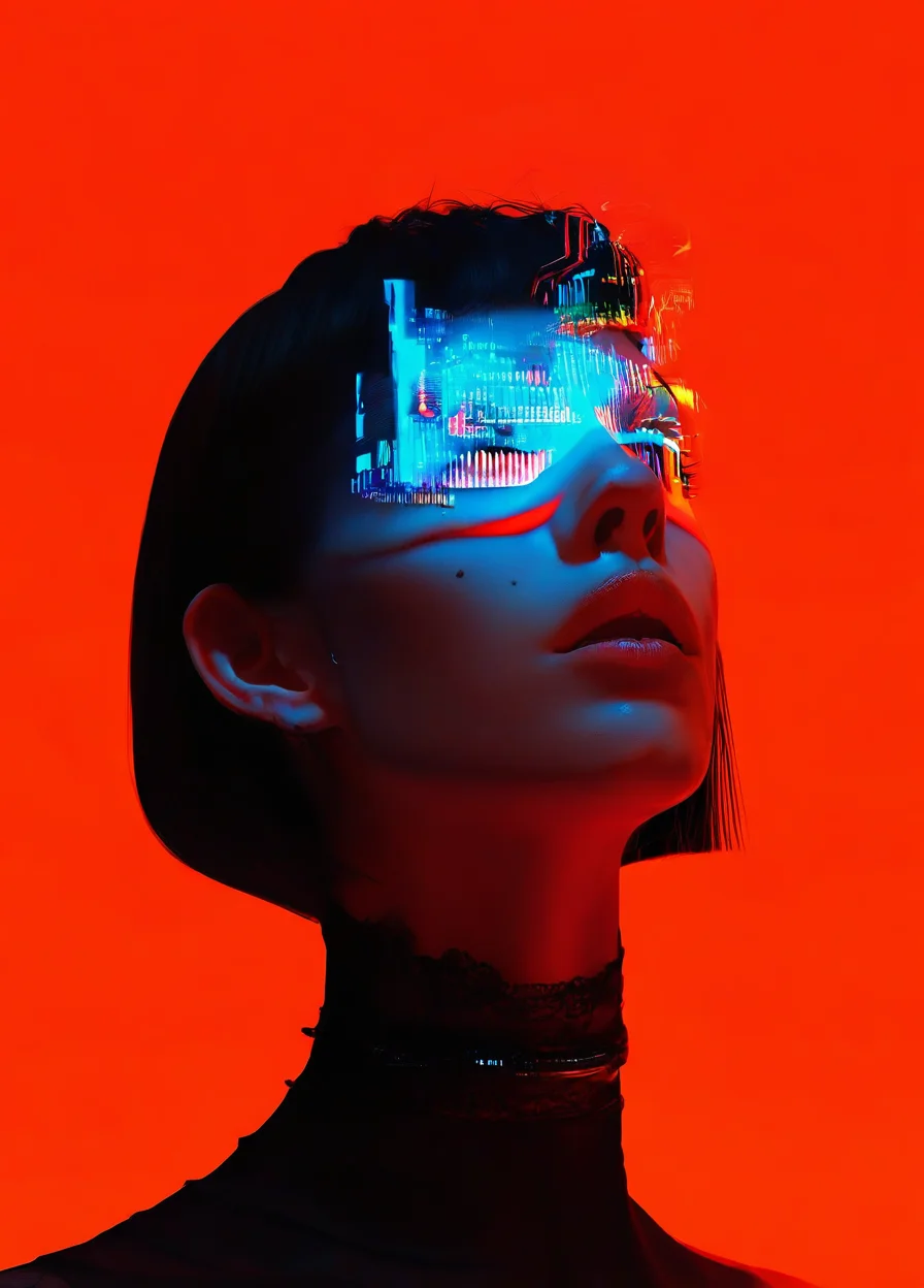 realistic,
masterpiece, best quality, amazing quality, highres, absurdres, very aesthetic, very awa,expert shading, ultra detailed, UHD, 8K,
BREAK,
N3onSp3ctra, 1girl, solo, short hair, portrait, lips, choker, bob cut, parted lips, nose, mole, orange background, simple background, transparent, glass, digital glitch, poster, graphics, blue graphics, upper body, realism, high fashion, surrealism, colorful, dreamy, soft hazy lighting, <lora:NeonSpectra:1>