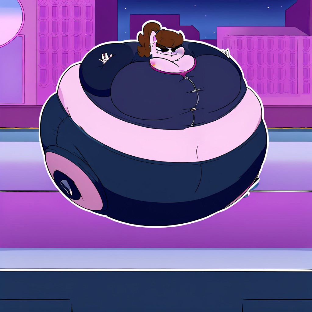 (masterpiece), best quality, (highly detailed), solo, 1girl, evil smug, HappyLikeAWall, Colored Skin, Brown hair, Black eyes, inflating, floating, spherical inflation, puffed arms, puffed legs, breast expansion <lora:InflationXL-03-Pony-e010:1>