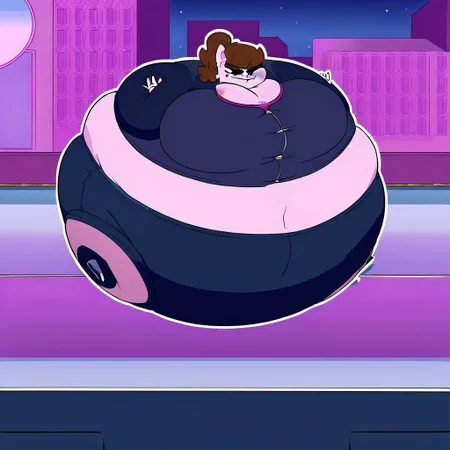 (masterpiece), best quality, (highly detailed), solo, 1girl, evil smug, HappyLikeAWall, Colored Skin, Brown hair, Black eyes, inflating, floating, spherical inflation, puffed arms, puffed legs, breast expansion <lora:InflationXL-03-Pony-e010:1>
