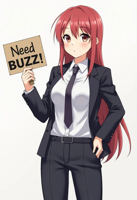 Makima in a suit, (holding a sign that says "Need BUZZ":1.5), anime style