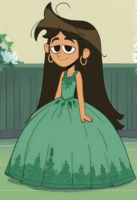 score_9_up, score_8_up, BREAK, 1girl, solo, 1girl, solo,
libby, tan-skinned female, brown hair, long hair, messy hair, brown eyes, droopy eyes, long green dress, crinoline green ball gown, green floor length quinceanera dress, hoop dress, hoop skirt, full body, green princess dress, light smile,