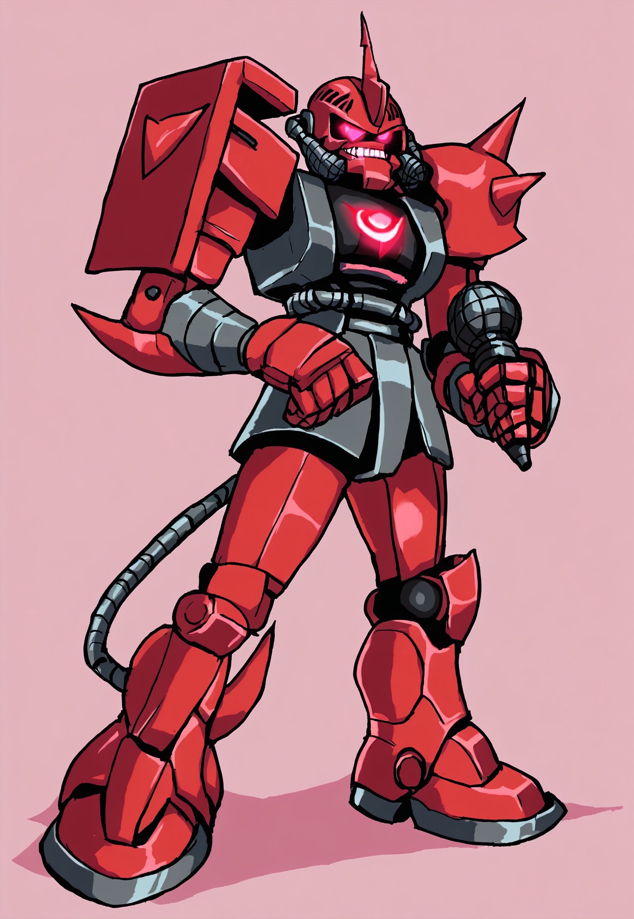 solo, holding microphone, standing, full body, source_cartoon, score_9, score_8_up, score_7_up, red garma_zaku, red monoeye, pink monoeye, crimson monoeye, no monoeye visible, metallic heathawk, shoulder decals, simple background