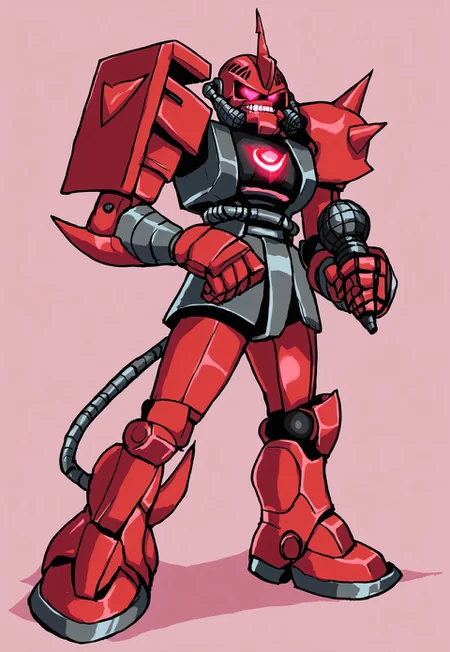 solo, holding microphone, standing, full body, source_cartoon, score_9, score_8_up, score_7_up, red garma_zaku, red monoeye, pink monoeye, crimson monoeye, no monoeye visible, metallic heathawk, shoulder decals, simple background