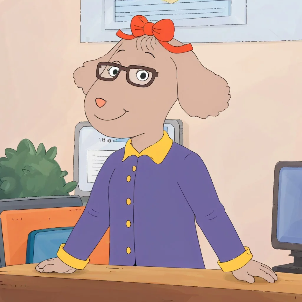 source_cartoon, Fern Walters, solo, 1girl, anthropomorphic dog, animal ears, tannish grey fur. red bow on her head, Office, office suit, skirt, pencil skirt, glasses, upskirt, smirk, looking at viewer, office background, windowz