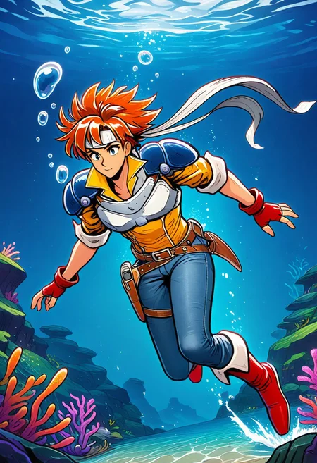 masterpiece, best quality, amazing quality, very aesthetic, absurdres, newest, 1boy, arthuffl3, toned male, brown-orange hair, long white headband, blue shoulder pads, white breastplate, yellow shirt, sleeves rolled up, blue jeans, belt with holster, red fingerless gloves, red boots, underwater, sea floor, bioluminescence, (inside water bubble:1.4)