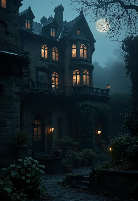 A gothic mansion on a hill, its windows glowing faintly, with an overgrown garden below bathed in eerie moonlight. bv-daraca<lora:bv-dark-academia-v1.safetensors:1.0:1.0>