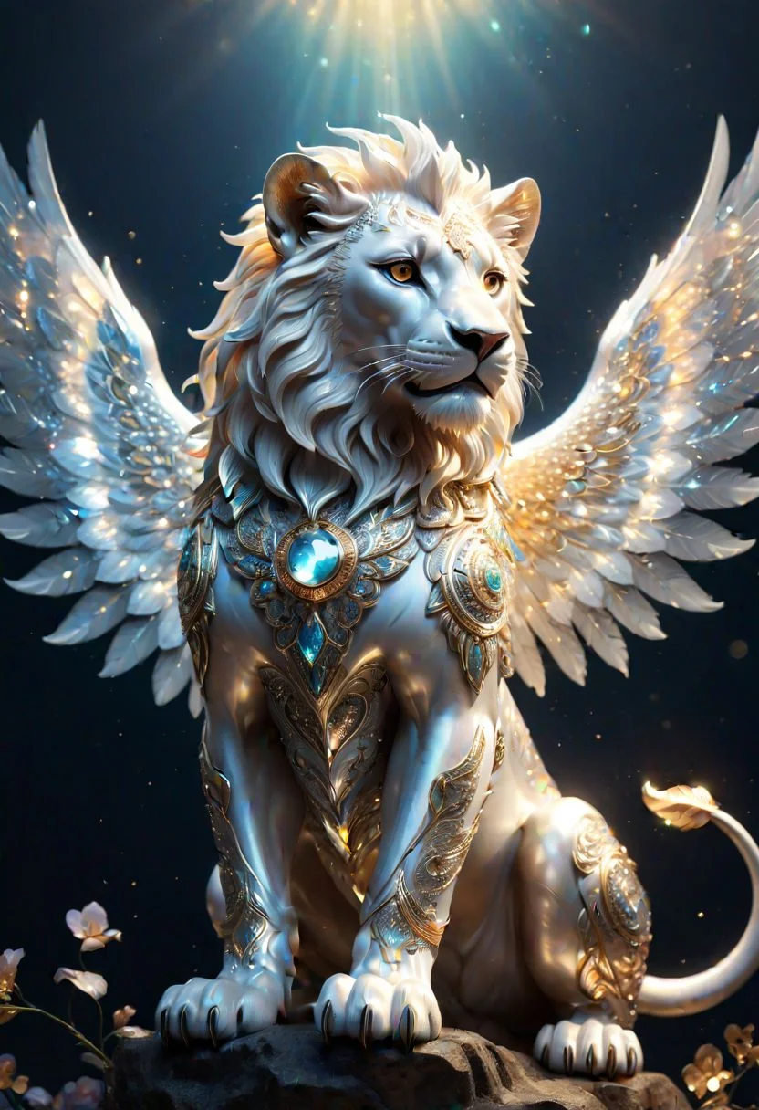 A angelic mythical lion with spreading arms with glowing intricate transparent wings, symmetrical hyperdetailed texture, pearl filigree, concept art, artstation, alice x. zhang, Andreas lie, perfect composition, masterpiece, glittering professional photography, macro, natural lighting, canon lens, shot on dslr 64 megapixels sharp focus ethereal, Hyperrealistic, splash art, concept art, mid shot, intricately detailed, color depth, dramatic, 2/3 face angle, side light, colorful background
