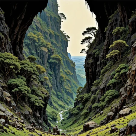 Image of endless trees and rocks growing out from abyssal hole that goes deeper and deeper. Mangaka style. Insane feeling, like looking downwards into end of the world itself. Masterpiece and epic quality.