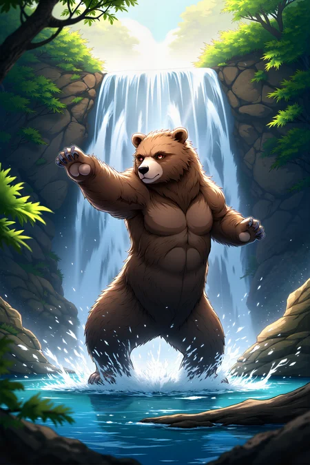 Underneath the cascading waters of a sacred waterfall, a massive brown bear stands on two legs, his fur soaked and glistening as he performs a series of slow, powerful martial forms. His paws, large and clawed, move with surprising precision as he strikes the air with deliberate, controlled force, each movement causing the water around him to ripple. The roar of the waterfall fills the air, yet the bear remains completely focused, his dark eyes locked on the center of the pool at his feet. The mist from the falls clings to his fur, and shafts of sunlight pierce through the trees above, illuminating the bear in a golden halo as he continues his practice. Around him, the lush forest is alive with the sounds of birds and insects, their calls blending with the thunderous crash of the waterfall. His massive frame moves with a grace that belies his size, each strike and stance reflecting years of martial discipline honed in the wilderness. The water beneath his feet is crystal clear, reflecting the vivid green of the surrounding foliage, and the scent of fresh pine and earth fills the air. The scene is one of primal strength and tranquility, where the bearâs mastery of martial arts stands in perfect balance with the power of nature. (high-resolution, dynamic, energetic, dramatic lighting, shallow depth of field.), detailmaximizer<lora:Videogame_Cartoon_Flux><lora:detailed_flux_ntc:2.2><lora:aidmaImageUpgrader-FLUX-V0.1:0.65>