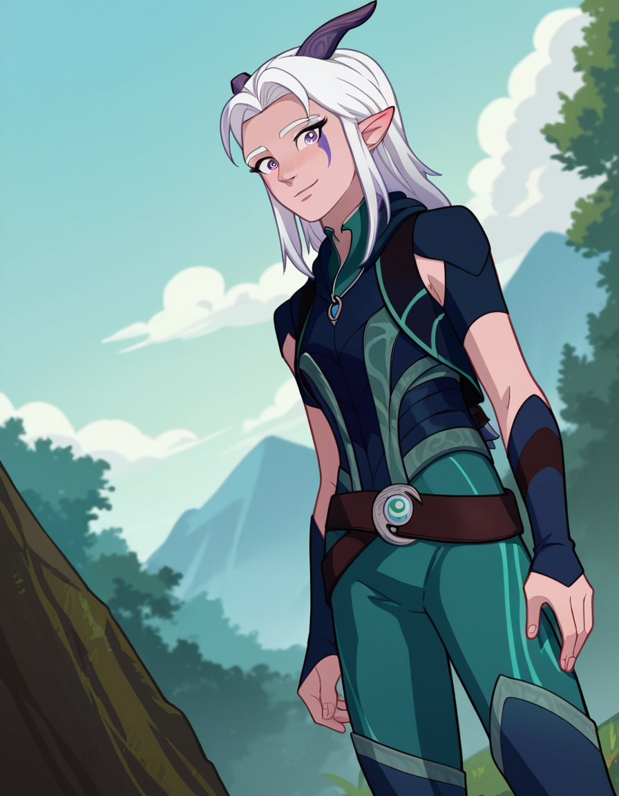 score_9, score_8_up, score_7_up, source_anime,
rayla, <lora:the-dragon-prince-rayla-ponyxl-lora-nochekaiser:1>,
rayla, long hair, white hair, horns, pointy ears, purple eyes,
boots, belt, bodysuit,
outdoors, nature, smile,
looking at viewer, dutch angle, cowboy shot,