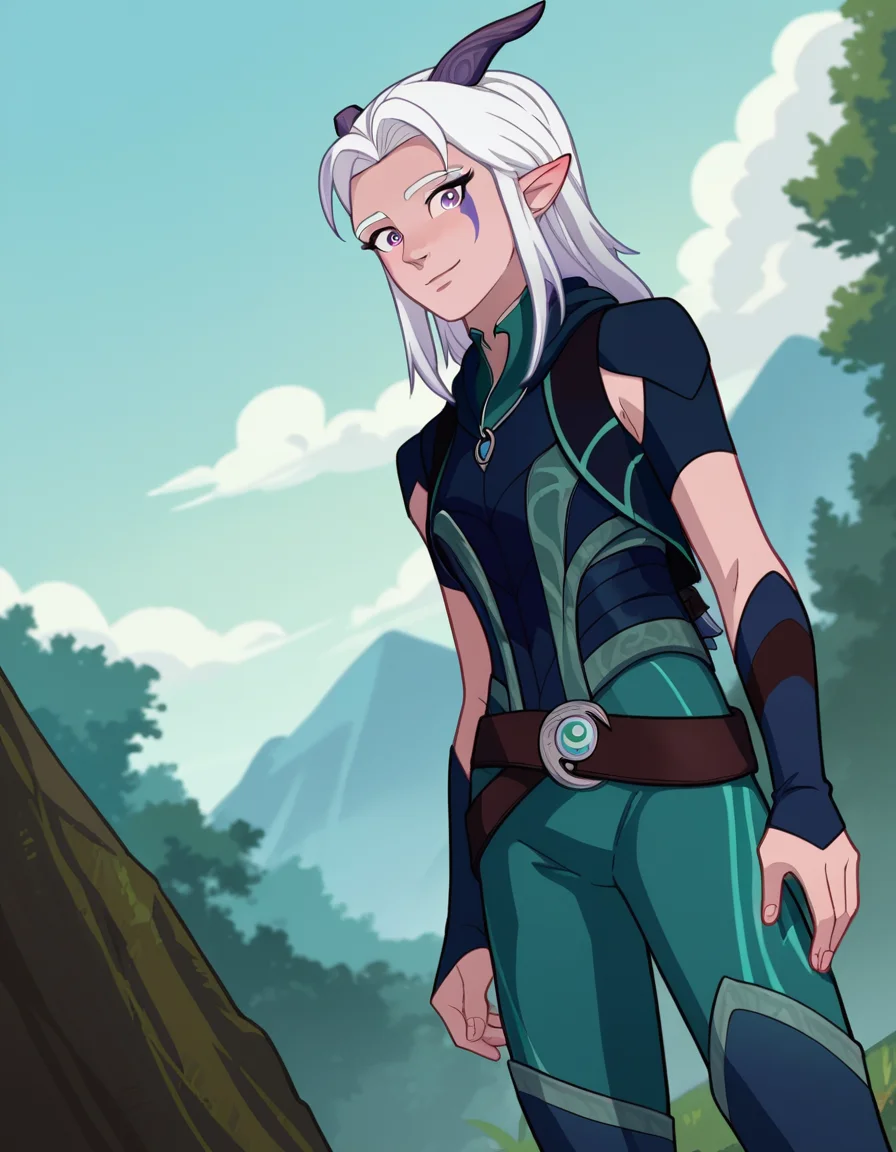 score_9, score_8_up, score_7_up, source_anime,
rayla, <lora:the-dragon-prince-rayla-ponyxl-lora-nochekaiser:1>,
rayla, long hair, white hair, horns, pointy ears, purple eyes,
boots, belt, bodysuit,
outdoors, nature, smile,
looking at viewer, dutch angle, cowboy shot,