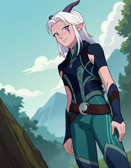 score_9, score_8_up, score_7_up, source_anime,
rayla, <lora:the-dragon-prince-rayla-ponyxl-lora-nochekaiser:1>,
rayla, long hair, white hair, horns, pointy ears, purple eyes,
boots, belt, bodysuit,
outdoors, nature, smile,
looking at viewer, dutch angle, cowboy shot,