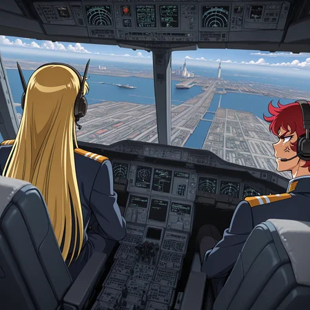 a380cockpit,
2boys, 
wide shot, from behind,
dutch angle, in shadow,
day, high up, clouds, european city, harbor,
<lora:[Concept - IL] A380 Cockpit (R2E10):0.9>
BREAK overhead panel
BREAK
<lora:[Char - IL] Saint Seiya - Shaka (R1E11):0.8> ss_shaka, long hair, blonde hair,
pilot uniform,
touching overhead panel,
from behind,
sitting, seat,
headset, headphones,
BREAK thrust lever,
BREAK
<lora:[Char - IL] Saint Seiya - Phoenix Ikki [Plain Clothes]:0.8> ikkipla, pointing, angry, anger vein,
pilot uniform,
from behind,
looking to the side, facing to the side, profile,
looking to the side,
sitting, seat,
headset, headphones,