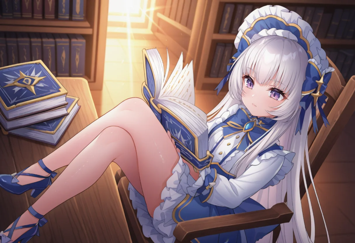 Amelia, 1girl, solo, long hair, white hair, blunt bangs, hair between eyes, sidelocks, purple eyes, small breasts, blue maid headdress, hair ornament, hair bow, hair ribbon, neck ribbon, blue dress, white shirt, blue ribbon, blue brooch, blue bowtie, long sleeves, blue skirt, blue high heels, sitting, on chair, reading book, open book, expressionless, tea on table, legs crossed, 5 fingers
BREAK
inside library, daytime, from above
BREAK
anime screencap, anime coloring, anime colored background, detailed background, shiny skin, shiny hair, red shine, absurdes, highres, masterpiece, best quality, uncensored, official art, cel shaded, graphic illustration, digital painting, CGI, very detailed, amazing quality, intricate details, dynamic pose, HDR,UHD,8K, Fineline illustration, Highly detailed, ultra-fine painting, sharp focus, physically-based rendering, extreme detail description, Professional, Vivid Colors, Cinematic Lighting, lens flare, moody lighting, Tyndall effect, available light, Volumetric Lighting, rim light <lora:add-detail-xl:1> <lora:DetailedEyes_V3:1> <lora:Amelia-10:1>