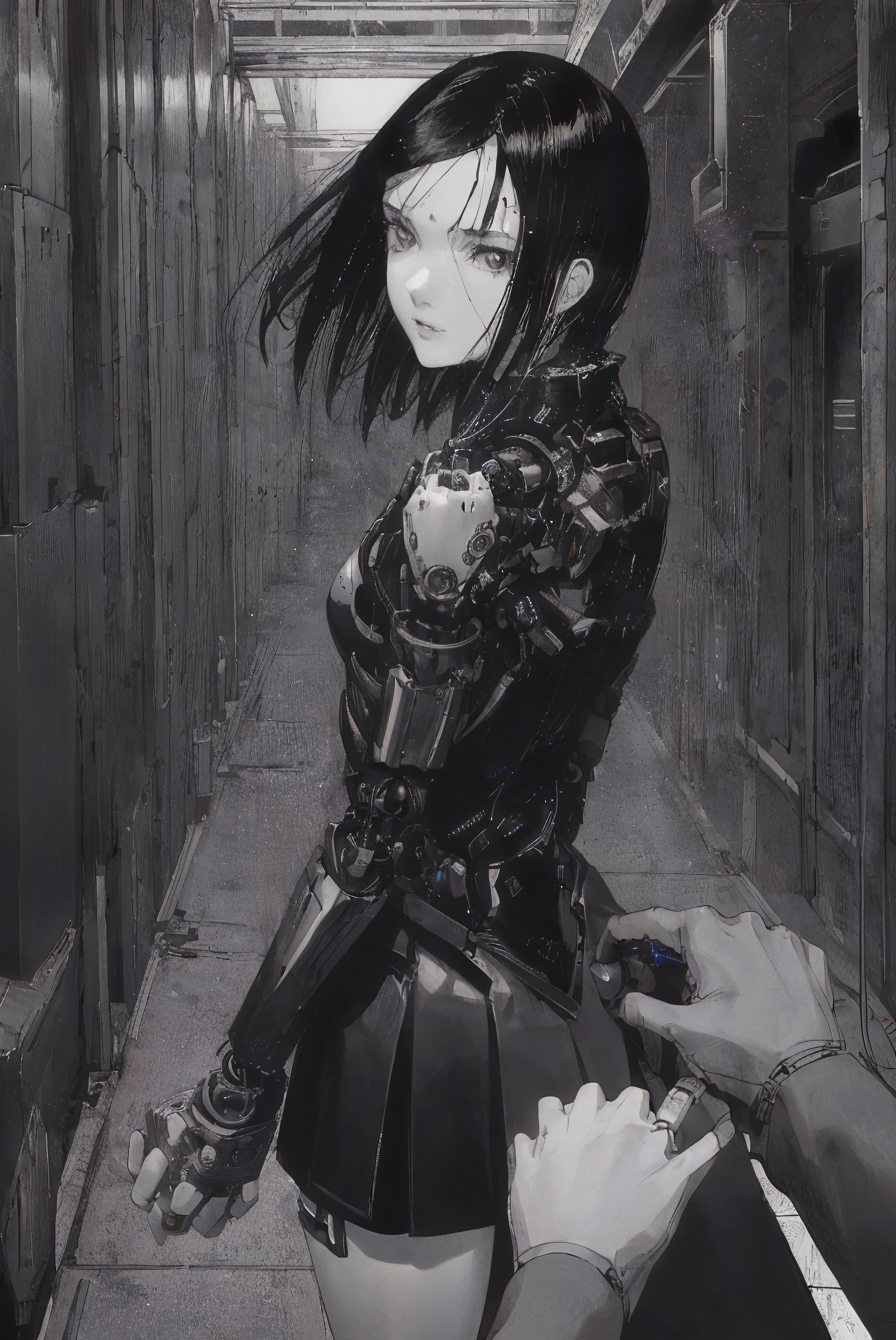 1girl, sanakan (safeguard), safeguard, silicon life, (highly detailed face:1.3), small breasts, short dark hair, thin lips, emotionless, (mechanical parts, cables:1.2), short dark skirt, dark vest, white legs, white hands, white skin, highly detailed, best quality, cinematic lighting, sharp focus, POV, body bend, head tilt, vast scenery, city ruins,  IncrsHoldingHandsPov, holding hands, pov hands, from side, from behind, (highly detailed hands:1.3)