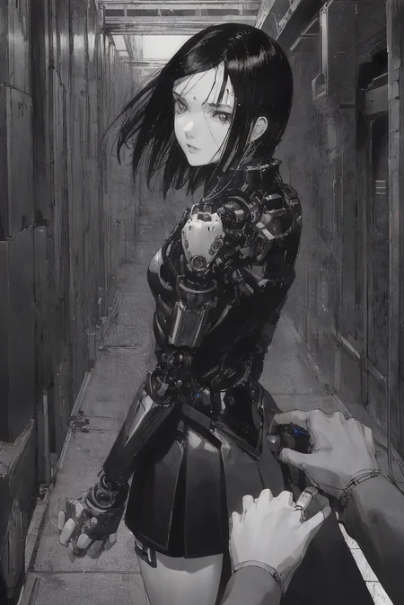 1girl, sanakan (safeguard), safeguard, silicon life, (highly detailed face:1.3), small breasts, short dark hair, thin lips, emotionless, (mechanical parts, cables:1.2), short dark skirt, dark vest, white legs, white hands, white skin, highly detailed, best quality, cinematic lighting, sharp focus, POV, body bend, head tilt, vast scenery, city ruins, IncrsHoldingHandsPov, holding hands, pov hands, from side, from behind, (highly detailed hands:1.3)