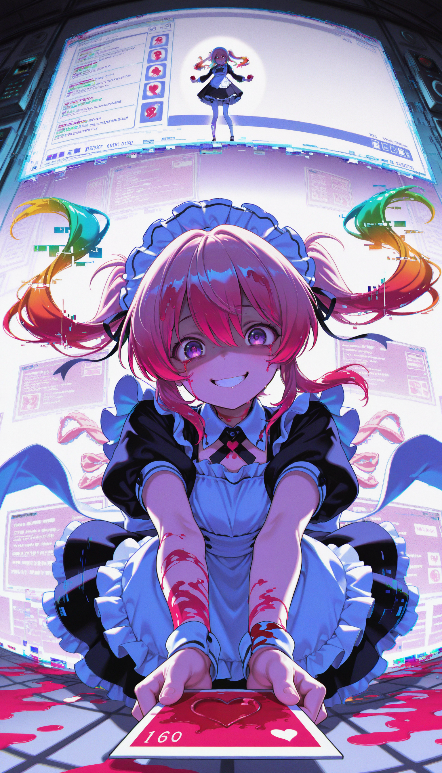 (masterpiece, gradient, recent, good_quality, high_quality, newest, very aesthetic, vibrant_background, abstract_background, colorful, surreal, anime_coloring:1, vectortrace:1, flat_colors:1) 
(BV-Illu, civchan, purple_eyes, pink_hair, yandere, yandere_trance, medium_hair, server_room, maid_uniform, "CIVITAI", hearts, security_camera, window (computing), chromatic aberration, pixel_art, (glitch:1.4), holding valentine card), fisheye, foreshortening, light_theme, white_theme, backlighting, blood, blood_in_hair, blood_on_neck, blue_blood, red_corruption, slime_\(substance\), clenched_hand, colored_tears, grin, pink_blood, rainbow_gradient, neon_green, blood_on_clothes, pink blood, ceiling_light, liquid, smile, solo, teeth)