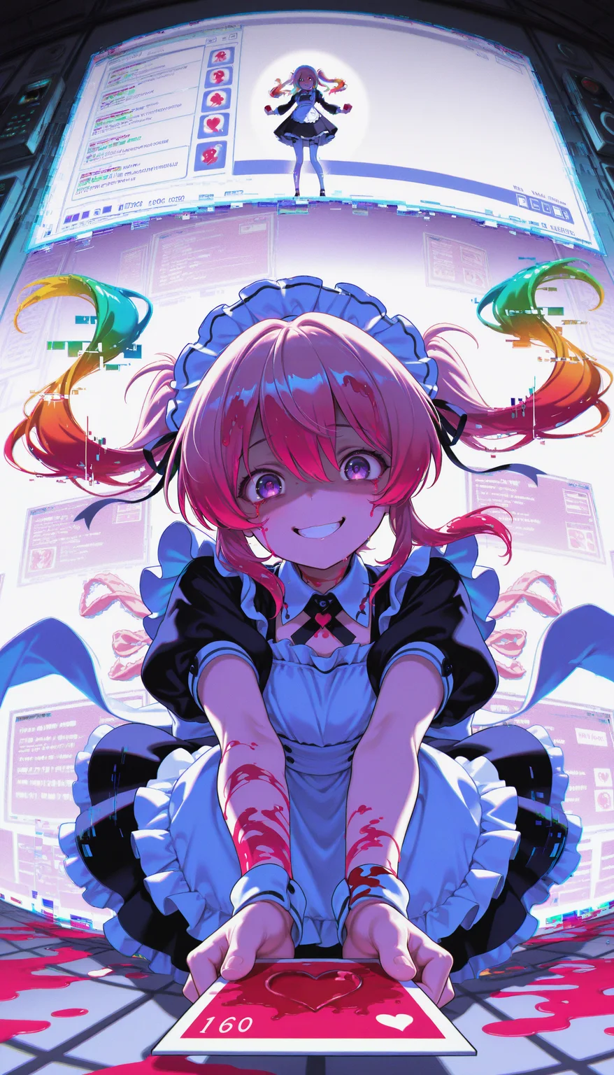 (masterpiece, gradient, recent, good_quality, high_quality, newest, very aesthetic, vibrant_background, abstract_background, colorful, surreal, anime_coloring:1, vectortrace:1, flat_colors:1)
(BV-Illu, civchan, purple_eyes, pink_hair, yandere, yandere_trance, medium_hair, server_room, maid_uniform, "CIVITAI", hearts, security_camera, window (computing), chromatic aberration, pixel_art, (glitch:1.4), holding valentine card), fisheye, foreshortening, light_theme, white_theme, backlighting, blood, blood_in_hair, blood_on_neck, blue_blood, red_corruption, slime_\(substance\), clenched_hand, colored_tears, grin, pink_blood, rainbow_gradient, neon_green, blood_on_clothes, pink blood, ceiling_light, liquid, smile, solo, teeth)