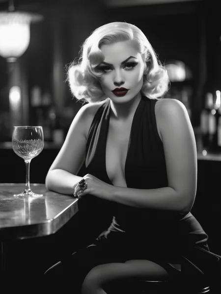 Dramatic photograph of Charlotte_Davis_P_MXAI_SDXL , red lips, dramatic makeup, sitting on a stool in a bar, 1930s speakeasy, holding a glass of red wine, mad-sincity, noir, B&W, volumetric smoke in the background, glam,