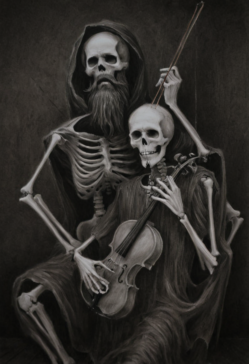 monoxxdr4ws, A dark, Monochromatic drawing of a self-portrait of a bearded, with a skeleton playing a violin looming behind him. Gloomy, surreal, macabre, unsettling atmosphere, high contrast, dark background, detailed linework, symbolic, charcoal drawing
