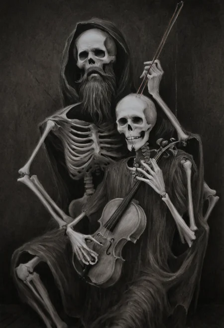 monoxxdr4ws, A dark, Monochromatic drawing of a self-portrait of a bearded, with a skeleton playing a violin looming behind him. Gloomy, surreal, macabre, unsettling atmosphere, high contrast, dark background, detailed linework, symbolic, charcoal drawing