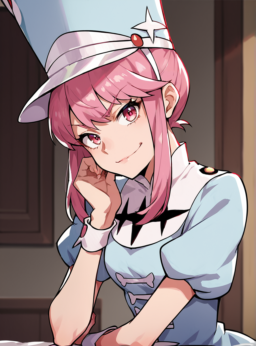 score_9, score_8_up, score_7_up, score_6_up, score_5_up, score_4_up , source_anime, anime screencap,  <lora:Nonon2:0.7>jakuzure nonon, pink hair, pink eyes, sidelocks, shako cap, uniform, dress,indoors,boots, smirk, upper body, looking at viewer,