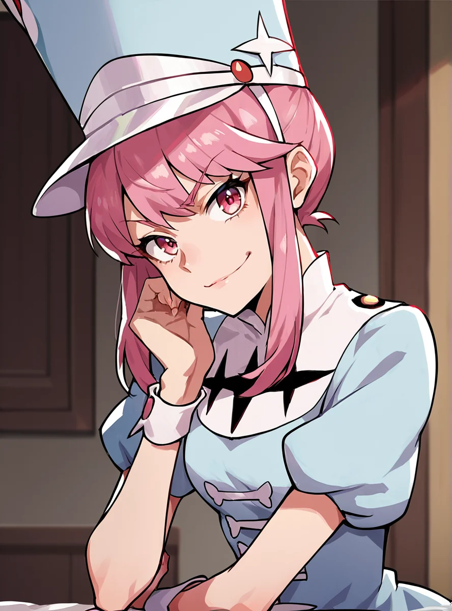 score_9, score_8_up, score_7_up, score_6_up, score_5_up, score_4_up , source_anime, anime screencap, <lora:Nonon2:0.7>jakuzure nonon, pink hair, pink eyes, sidelocks, shako cap, uniform, dress,indoors,boots, smirk, upper body, looking at viewer,