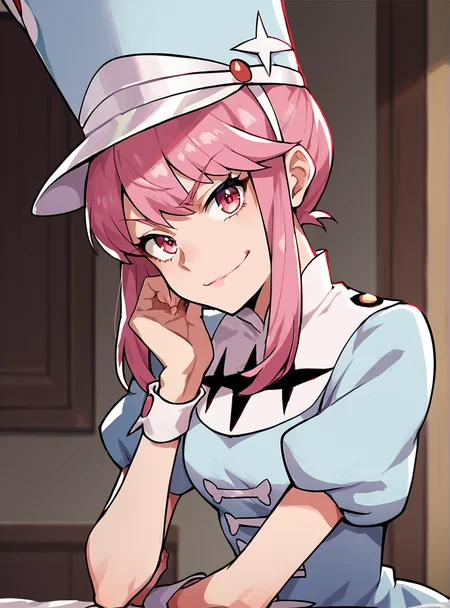 score_9, score_8_up, score_7_up, score_6_up, score_5_up, score_4_up , source_anime, anime screencap, <lora:Nonon2:0.7>jakuzure nonon, pink hair, pink eyes, sidelocks, shako cap, uniform, dress,indoors,boots, smirk, upper body, looking at viewer,