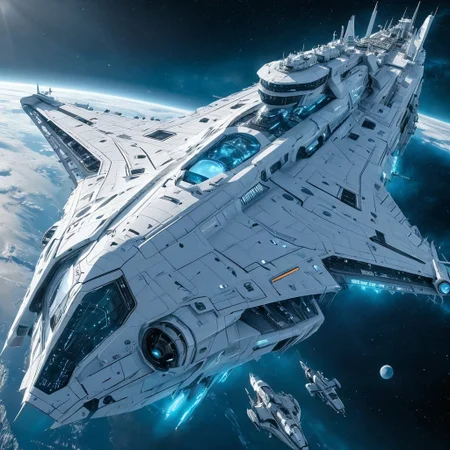 Highly detailed digital artwork of a massive, futuristic white spaceship. The ship has a rugged, industrial design with antennas, turrets, and mechanical components protruding from its surface. The hull is predominantly bright white with blue glowing orange, giving it a menacing and powerful appearance. The background features a dark, space-like environment with other smaller ships and celestial bodies visible, adding depth and scale to the scene. The overall composition is dynamic, with the main ship positioned diagonally, suggesting movement and action.