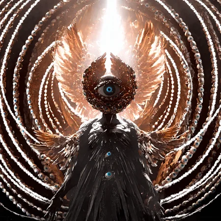 leogirl, seraphins, mystical creature with hundreds of eyes and wings, with the shape of a giant ring, circular hoops around body, massive size, angelical lights <lora:Seraphins1.0-000038:0.8>