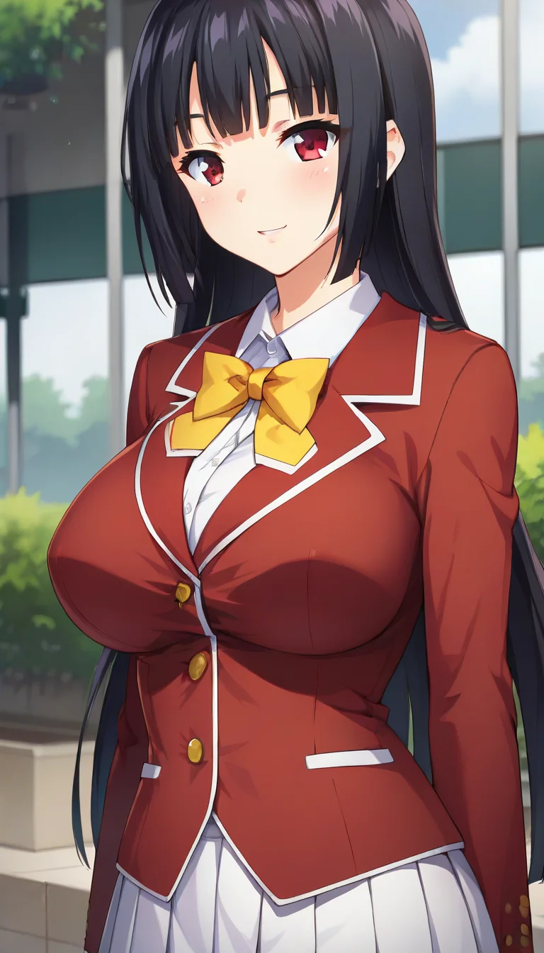 score_9,score_8_up,score_7_up,score_6_up BREAK official art,solo,outdoors,upper body,(portrait:1.5),looking at viewer,facing viewer,smile,blush,Mikami Yuka,black hair,long hair,hime cut,sidelocks,blunt bangs,red eyes,school uniform,red jacket,blazer,yellow bowtie,collared shirt,white shirt,long sleeves,large breasts,microskirt,pleated skirt,white skirt,brown pantyhose,loafers,<lora:Mikami Yuka(oc)-Pony:1.4>,