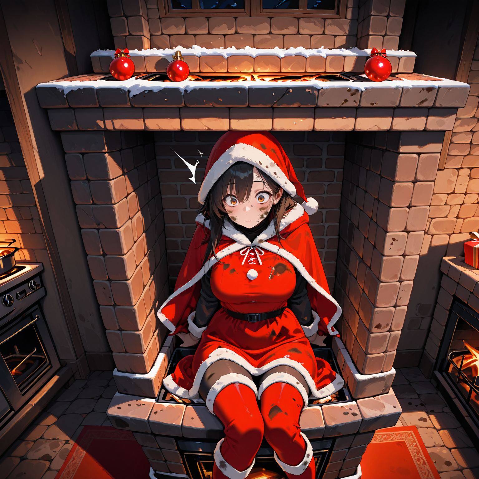 masterpiece,best quality,amazing quality, depth of field, <lora:IL_0.5_Fallen_through_the_chimney_Christmas:1> fathchg, 1girl, falling, dirty face, dirty clothes, sitting, in oven, chimney, christmas dress, red cloak