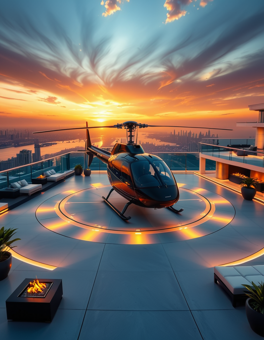 A high-resolution photo of a luxurious rooftop of a five-star hotel at sunset, featuring a sleek helipad with a high-end, matte-black private helicopter elegantly parked. The rooftop is designed with ultra-modern architecture, featuring a spacious terrace with infinity-edge glass railings, ambient lighting, and a panoramic city skyline in the background. The surface of the helipad is clean, polished concrete with clear illuminated markings. Surrounding the helipad, there are lounge areas with modern outdoor furniture, minimalist fire pits, and decorative planters with tropical greenery. The lighting is warm and golden, casting soft shadows and highlighting the contours of the helicopter and the textures of the rooftop. The sky is dramatic, painted with hues of orange, pink, and violet, creating a cinematic atmosphere of luxury and exclusivity. The overall mood is elite, calm, and aspirational, showcasing the ultimate in urban luxury lifestyle.
<lora:SDXLFaeTastic2400:0.4> <lora:extremely_detailed:0.4> extremely detailed, <lora:helipad_r00ft0p:1>,helipad r00ft0p, Masterpiece,best quality,hi res,8k,hi res,8k,award winning,(sharp focus, intricate, highly detailed),