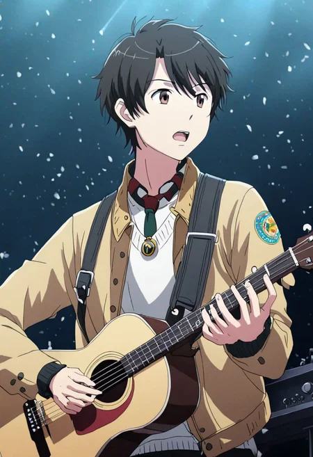 high resolution, solo, best quality, 1Boy, Inaho Kaizuka, Black Hair, Brown Eyes, singing, potrait, dept of field, virtual concert, playing musical instrument, necklace, bracelet, sneakers, OverallDetail