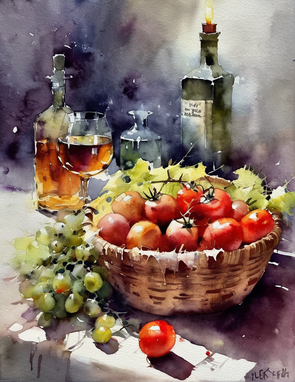 Watercolor painting of A masterpiece of ink painting still life,Inside the tilted bamboo basket were tomatoes | potatoes | cabbage. On the table were a white fish and a kitchen knife. Behind the back were a lit lantern and a whiskey bottle.Impressionist painting of Impressionist painting of art by Jeremy Mann,Miles Johnston,Alasdair McLellan,Daniel Merriam,Peter Gric,Dariusz Klimcza,spectacular back view,perfection,gorgeous art,beautifully lit,dark atmosphere,hyperrealistic,ethereal,delicate detail,glorious,fabulous,excellent,astonishing colors,Mysterious,loose brushwork,captures feeling over form,light and shadow play,captures feeling over form,grey_background,Whiskey bottle at the back,grapes,bananas,Vibrant,beautiful,painterly,detailed,textural,artistic,<lora:Watercolor _sdxl:1.3>, Watercolor style,