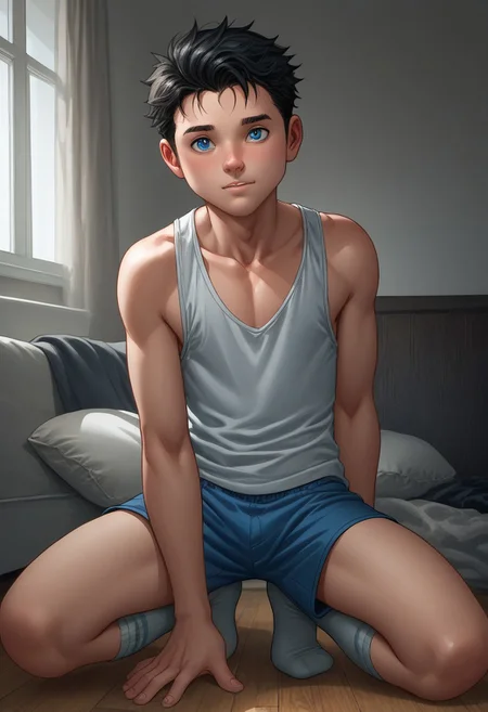score_9, score_8_up, score_7_up, highly detailed, cute boy, 1boy, solo, young, Sam Alexander, Black Hair, Blue Eyes, tank top, shorts, socks