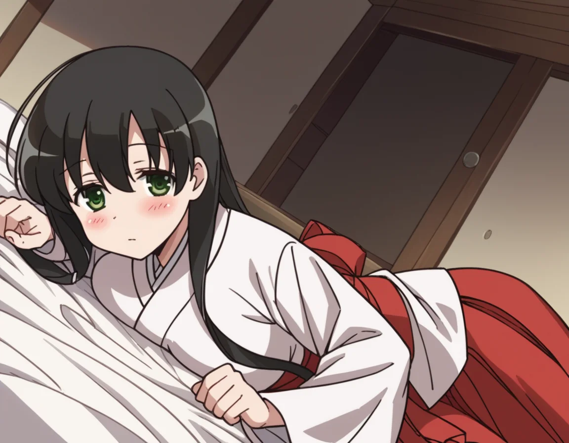 score_9, score_8_up, score_7_up, source_anime,
kasumiiwato, <lora:kasumi-iwato-s2-ponyxl-lora-nochekaiser:1>,
kasumi iwato, long hair, black hair, green eyes, hair between eyes, large breasts,
skirt, japanese clothes, hakama, hakama skirt, miko, red hakama,
indoors, bed, bed room, on side, blush, drunk,
cowboy shot, looking at viewer, solo, dutch angle,