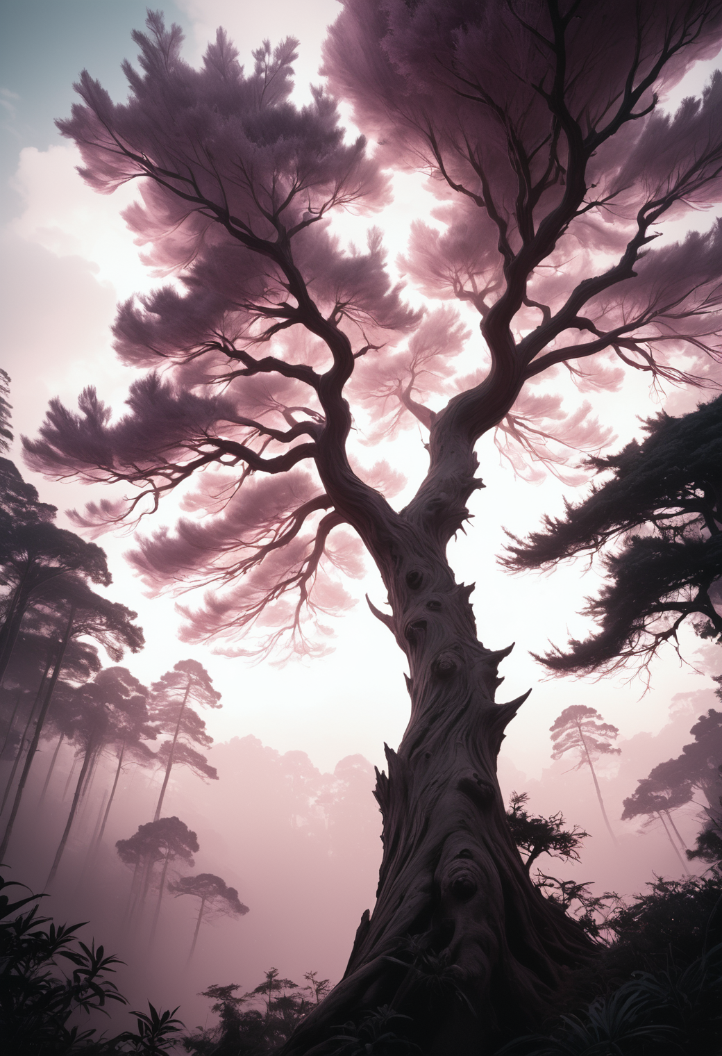 SeijSDXL <lora:SeijSDXL:0.7>, pinkmist, <lora:heartmiststyle:0.5>
, [ (realism art by Agnes Martin:0.9) : Julie Bell:2], landscape art, angle from below of a traditional Malaysian Cedar, short lighting, Desaturated, Embossing, intricate, cool colors, vivid colors, dynamic dramatic composition, dynamic cinematic color, intricate artistic color, great light