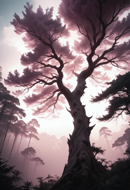 SeijSDXL <lora:SeijSDXL:0.7>, pinkmist, <lora:heartmiststyle:0.5>
, [ (realism art by Agnes Martin:0.9) : Julie Bell:2], landscape art, angle from below of a traditional Malaysian Cedar, short lighting, Desaturated, Embossing, intricate, cool colors, vivid colors, dynamic dramatic composition, dynamic cinematic color, intricate artistic color, great light