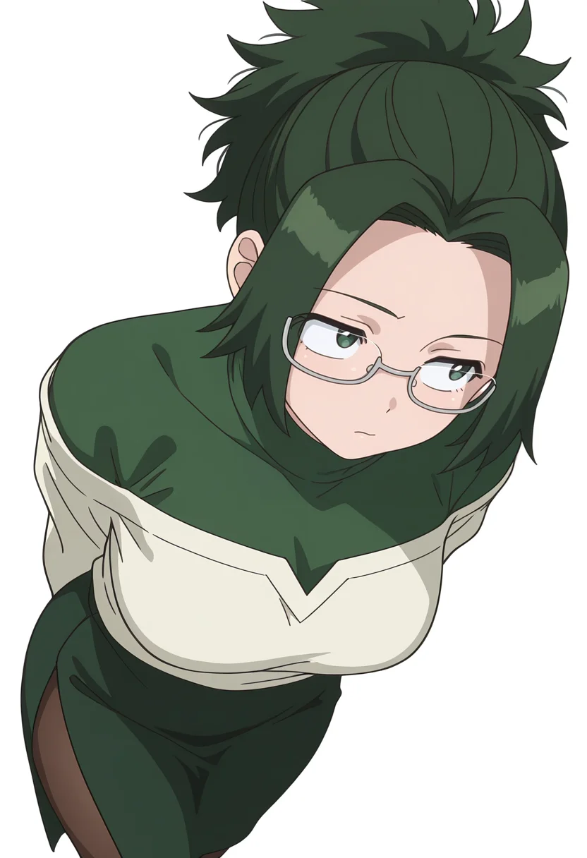 Smooth Quality,masterpiece,very intricate, high quality details, ultra realistic, high detailed skin,
simple background, white background, disdain,
sideways,standing, arms behind back, looking up, calm expression, relaxed posture, ,
solo,
<lora:Agari_Himiko_cnn:0.8> agarihimikocnn,1girl,green eyes, short hair,glasses, ponytail,green hair,
turtle neck, ,off-shoulder top, ,side slit pantyhose,,