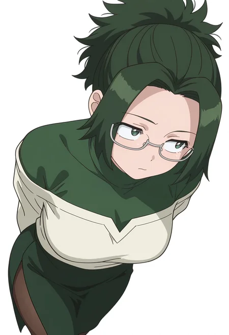 Smooth Quality,masterpiece,very intricate, high quality details, ultra realistic, high detailed skin,
simple background, white background, disdain,
sideways,standing, arms behind back, looking up, calm expression, relaxed posture, ,
solo,
<lora:Agari_Himiko_cnn:0.8> agarihimikocnn,1girl,green eyes, short hair,glasses, ponytail,green hair,
turtle neck, ,off-shoulder top, ,side slit pantyhose,,