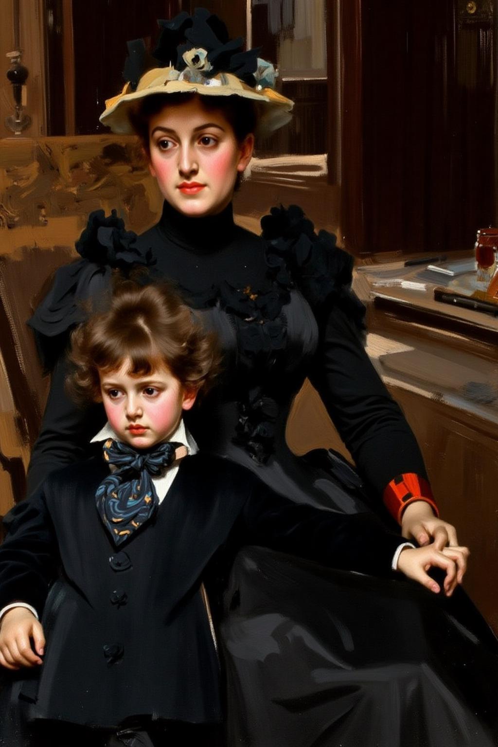 anderszorn1 painting.
A mother and child in an indoor late 19th-century scene. The mother is seated on the left, dressed in a high-necked, dark, long-sleeved dress with intricate lace detailing at the collar and cuffs. She wears a wide-brimmed hat and looks slightly to the left. The child has messy brown hair and wears an elaborate tie. His hand rests on his mother's lap. <lora:anderszorn2_cap_d6a3:1.0><lora:836649059629580115:0>