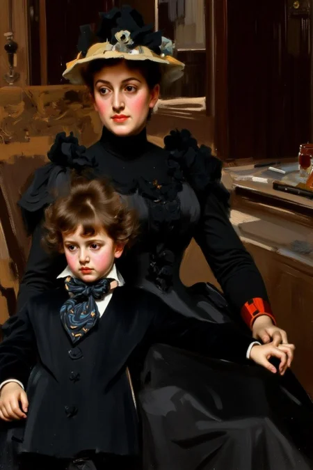 anderszorn1 painting.
A mother and child in an indoor late 19th-century scene. The mother is seated on the left, dressed in a high-necked, dark, long-sleeved dress with intricate lace detailing at the collar and cuffs. She wears a wide-brimmed hat and looks slightly to the left. The child has messy brown hair and wears an elaborate tie. His hand rests on his mother's lap. <lora:anderszorn2_cap_d6a3:1.0><lora:836649059629580115:0>