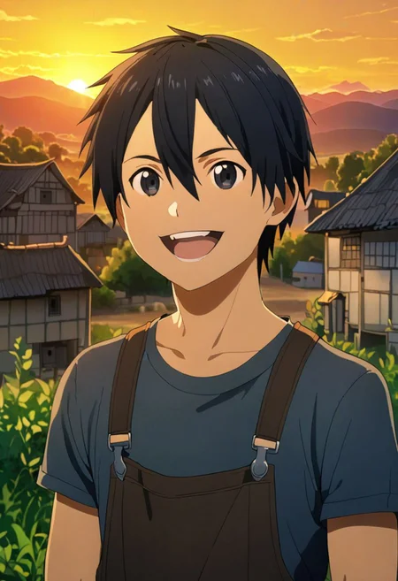 high resolution, professional photography, best quality, 1Boy, Kirigaya Kazuto, Black Hair, Black Eyes, potrait, laughing, very happy, half body, village, sunset, looking at viewer, overalldetail