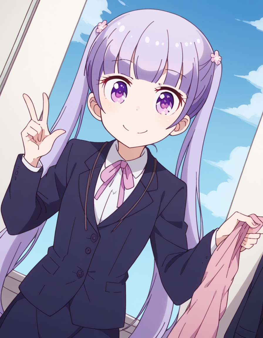 score_9, score_8_up, score_7_up, source_anime, <lora:aoba-suzukaze-s2-ponyxl-lora-nochekaiser:1>, aoba suzukaze, eyebrows, hair ornament, long hair, purple eyes, purple hair, twintails,, blue skirt, bow, bowtie, business suit, dress shirt, formal, neck ribbon, pink bow, pink bowtie, pink ribbon, ribbon, shirt, skirt, skirt suit, suit, white shirt,, laundry day, clothesline, drying clothes, domestic life, fresh air, blue sky, , looking at viewer, v, smile, solo,, cowboy shot, dutch angle