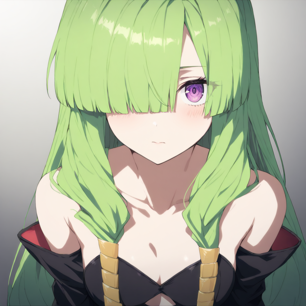 1girl,solo,looking at viewer,upper_body,portrait,masterpiece,high score,great score,absurdres,<lora:Doll_tmwg ag4o v1:1> dolltmwg, green hair, long hair, purple eyes, hair over one eye,bare shoulders,detached sleeves,black dress,