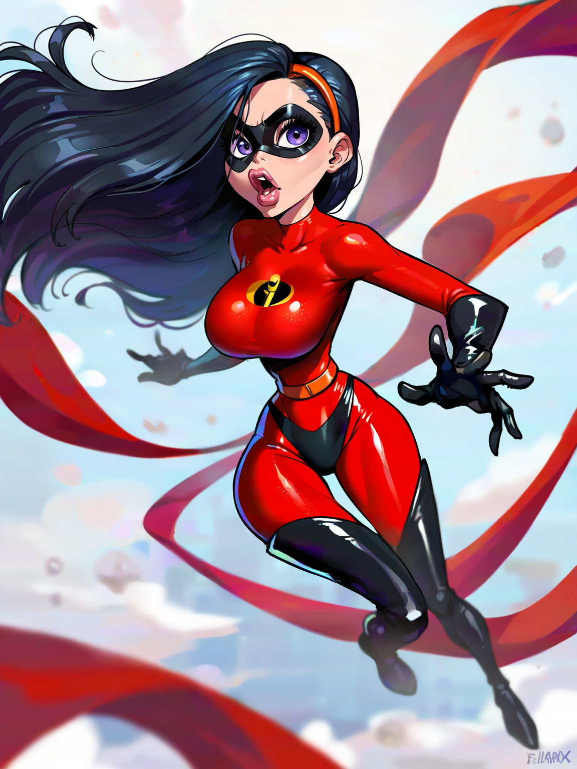 <lora:Violet Parr:0.4> vio_p, 1girl, slender body, fair skin, pink lips, bluish-purple eyes, long straight hair, black hair, supersuit, black eye mask, orange headband, red unitard,  orange belt, black gloves, black bottoms, thigh-high black boots,
 <lora:fellatrix_style:0.9> big breasts, bimbo, score_9, score_8_up, score_7_up,